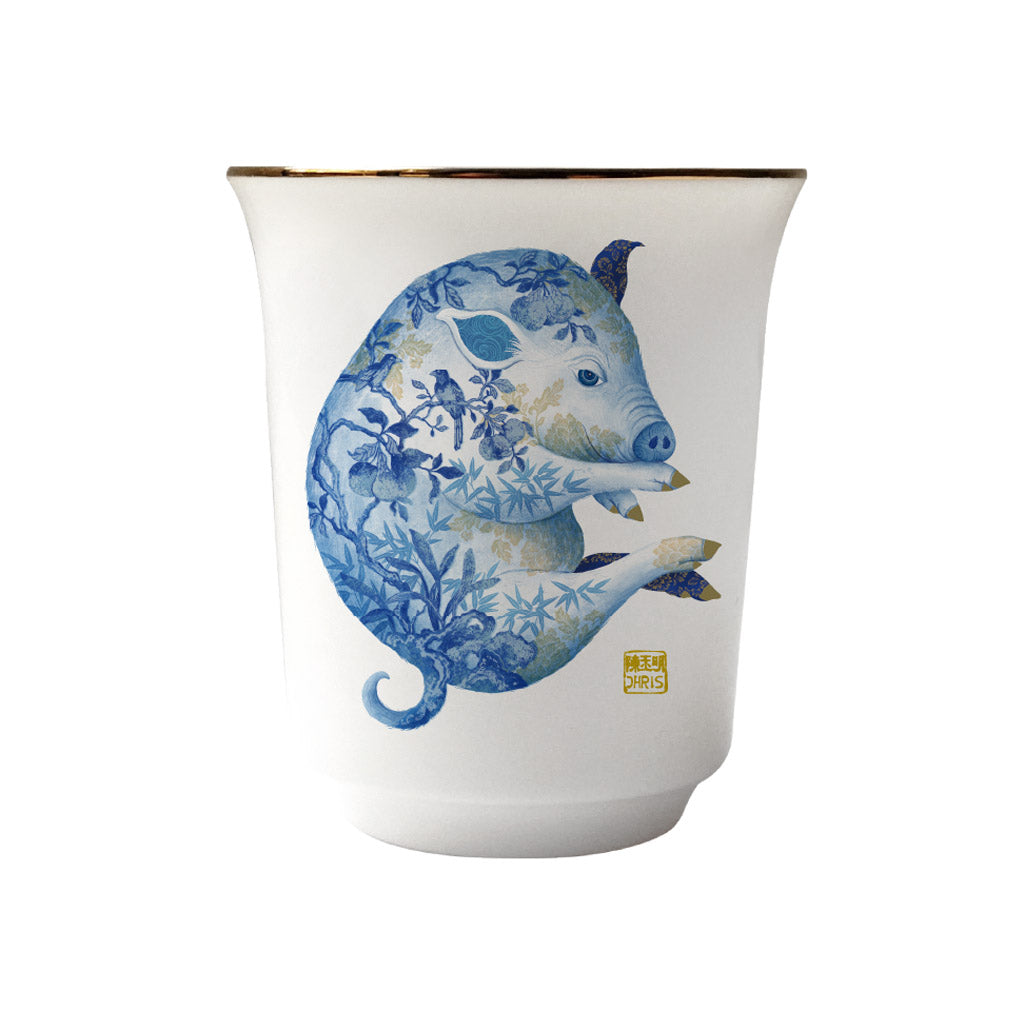 Pig Chinese Zodiac Tea Cup with embossed details, 24K gold highlights, and artisan craftsmanship, beautifully gift-boxed for special occasions like Lunar New Year