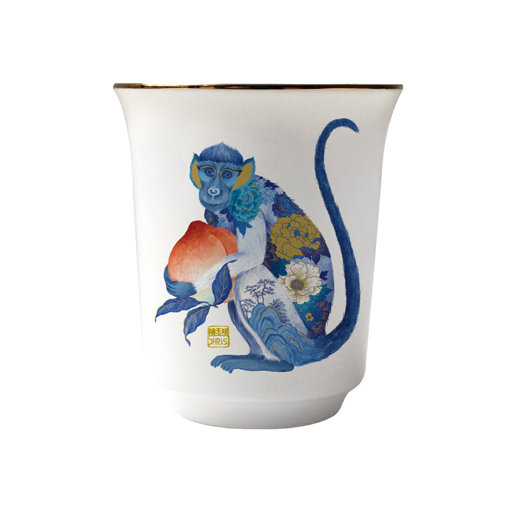 Monkey Chinese Zodiac Tea Cup by Chris Chun, featuring fine bone china, 24K gold details, subtle embossed designs, and premium craftsmanship inspired by the National Palace Museum in Taipei.