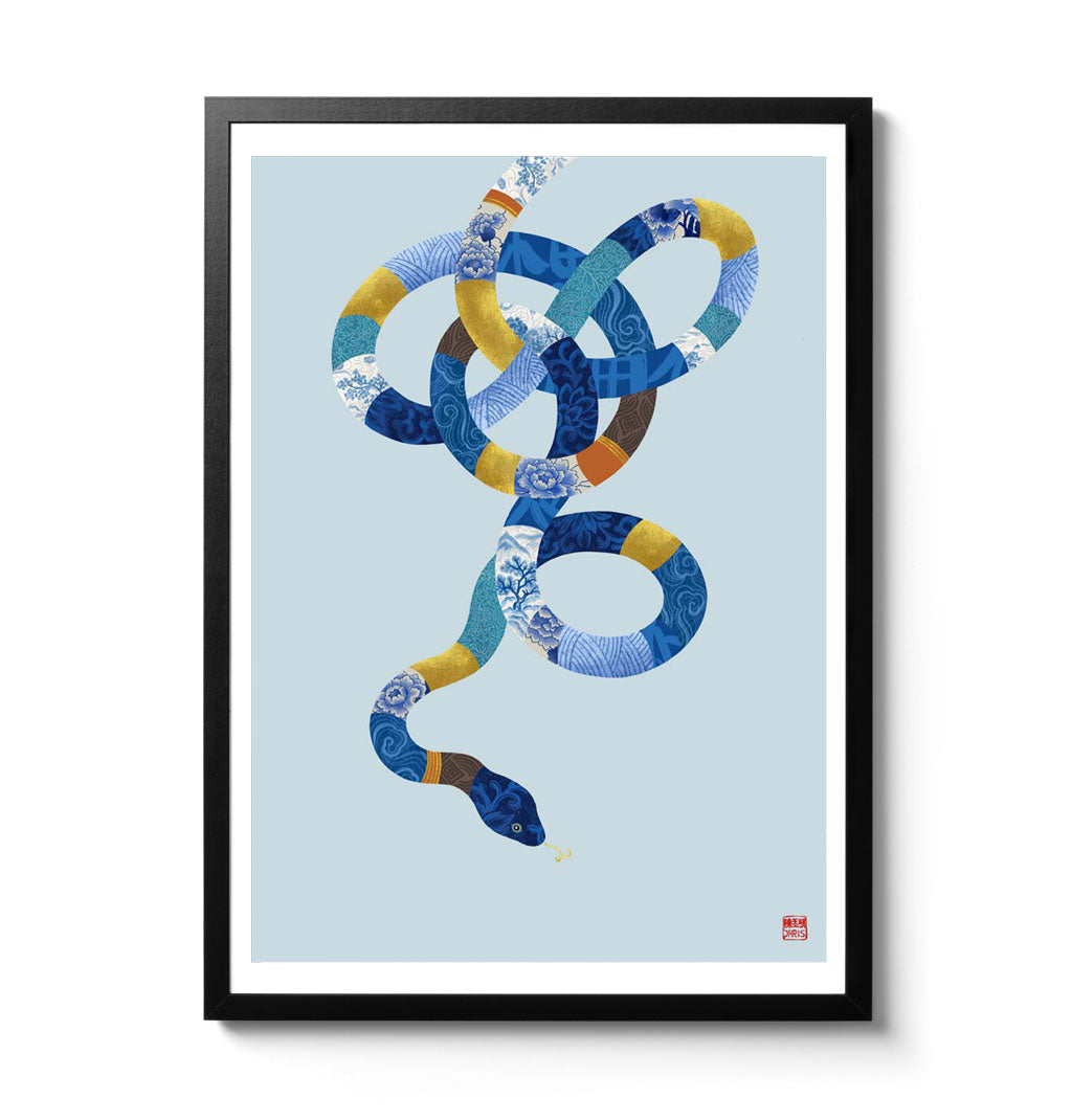 Chinese Zodiac Snake Art Print by Chris Chun, depicting a gracefully coiled snake adorned with blue and gold patterns, representing intelligence and grace.