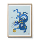 Chinese Zodiac Dragon Art Print by Chris Chun, showcasing a blue and gold dragon with intricate scales and patterns, holding a golden orb, symbolizing power, luck, and wisdom.