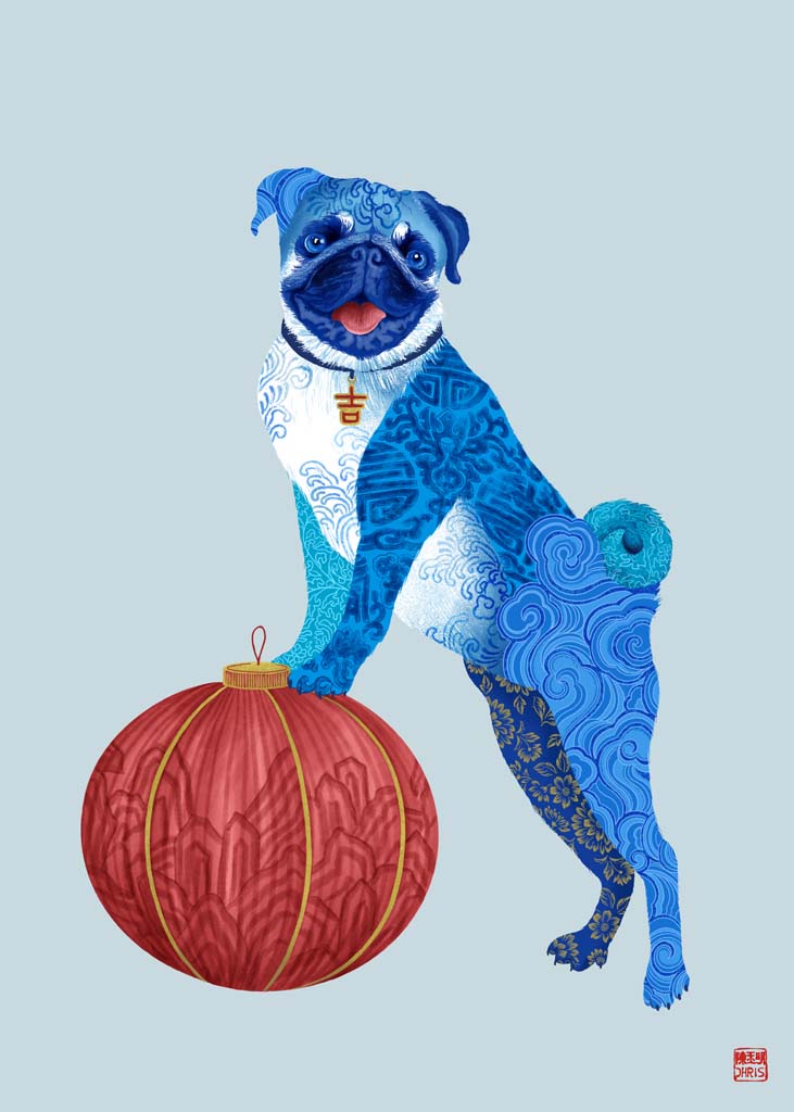 Chinese Zodiac Dog Art Print by Chris Chun, featuring a blue patterned dog with a red lantern, symbolizing loyalty, protection, and positive energy.