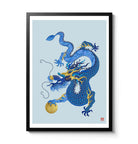 Chinese Zodiac Dragon Art Print by Chris Chun in shades of blue and gold, featuring a majestic dragon holding a golden orb, symbolizing strength, wisdom, and luck, with intricate scales and swirling patterns.