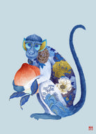 Chinese Zodiac 'Monkey' Art Print by Chris Chun, showing a monkey with blue and gold floral patterns, holding a peach symbolizing luck and charm.