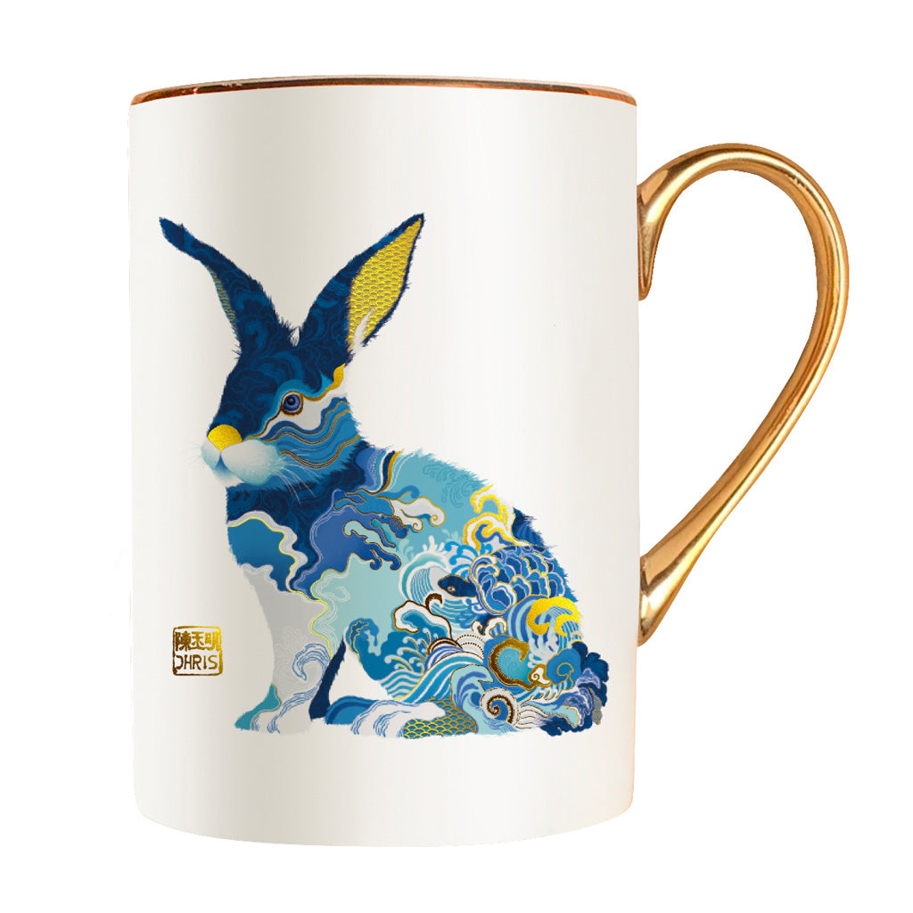 Luxurious Chinese Zodiac 'Rabbit' Mug hand embellished with 24K Gold and beautifully packaged in Gift Box. Museum Quality Fine Bone China.