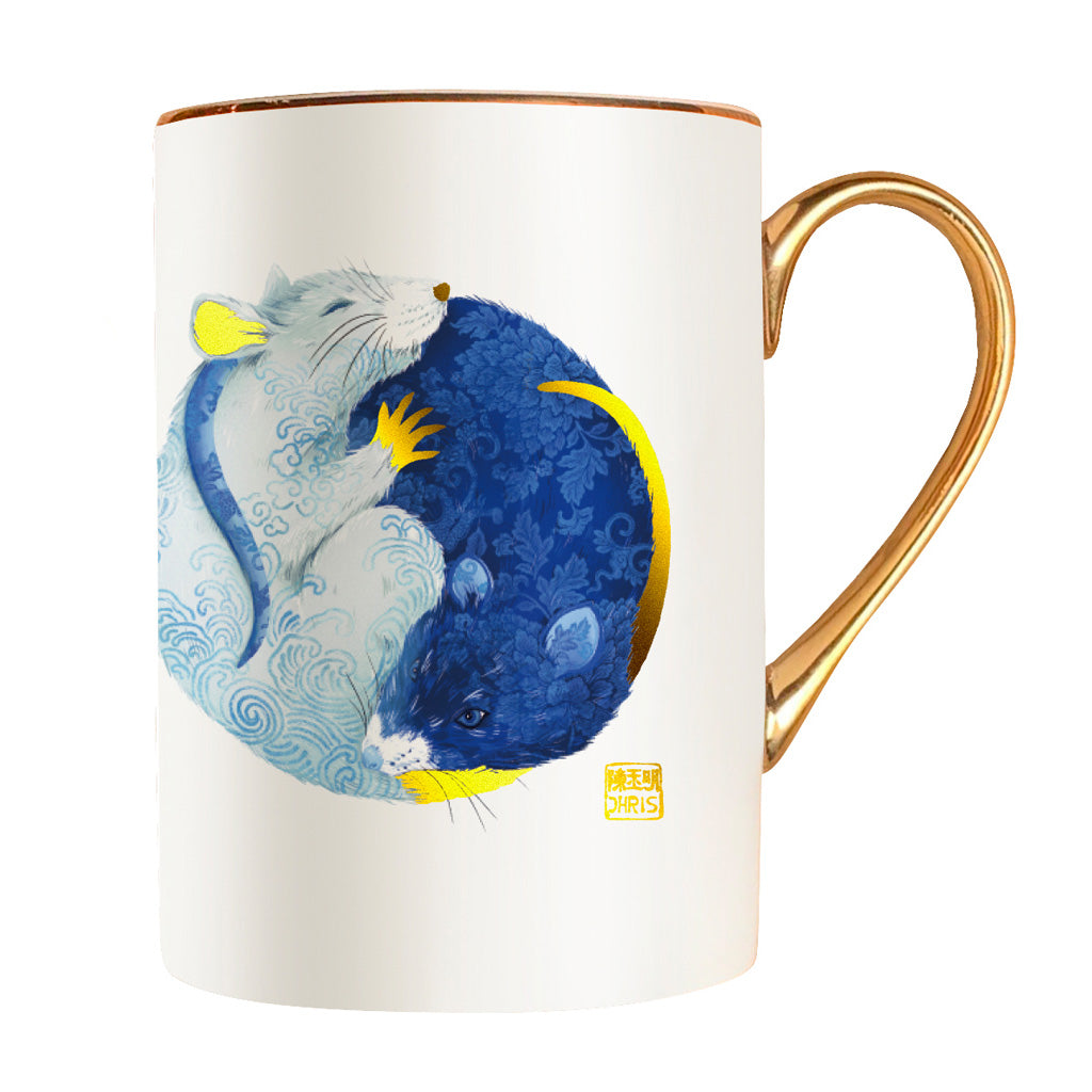 Luxurious Chinese Zodiac 'Rat' Mug hand embellished with 24K Gold and beautifully packaged in Gift Box. Museum Quality Fine Bone China.