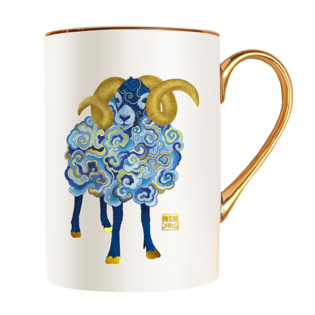 Luxurious Chinese Zodiac 'Sheep' Mug hand embellished with 24K Gold and beautifully packaged in Gift Box. Museum Quality Fine Bone China.