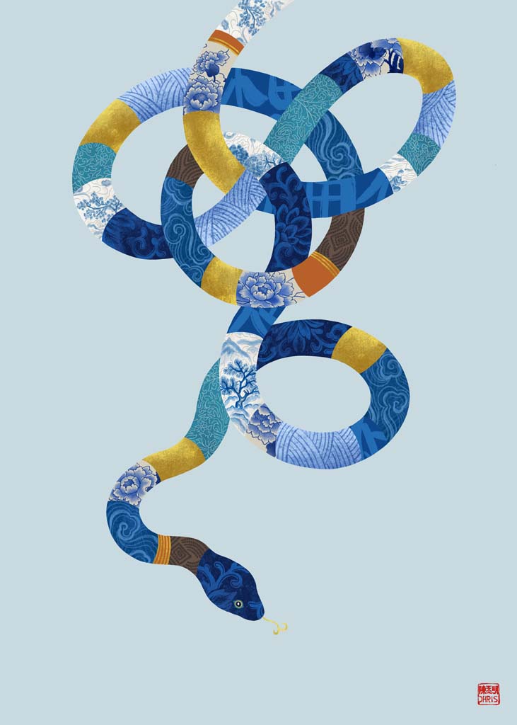 Chinese Zodiac Snake Art Print by Chris Chun, showcasing a blue and gold patterned snake, symbolizing wisdom and prosperity, ideal for adding feng shui balance and intuition to any space.