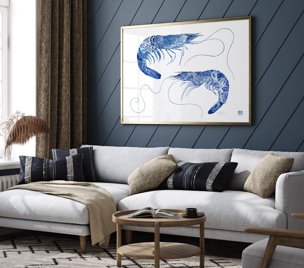 'Tang and Willow' Prawn Framed Fine Art Print by Artist Chris Chun. Shrimp Art