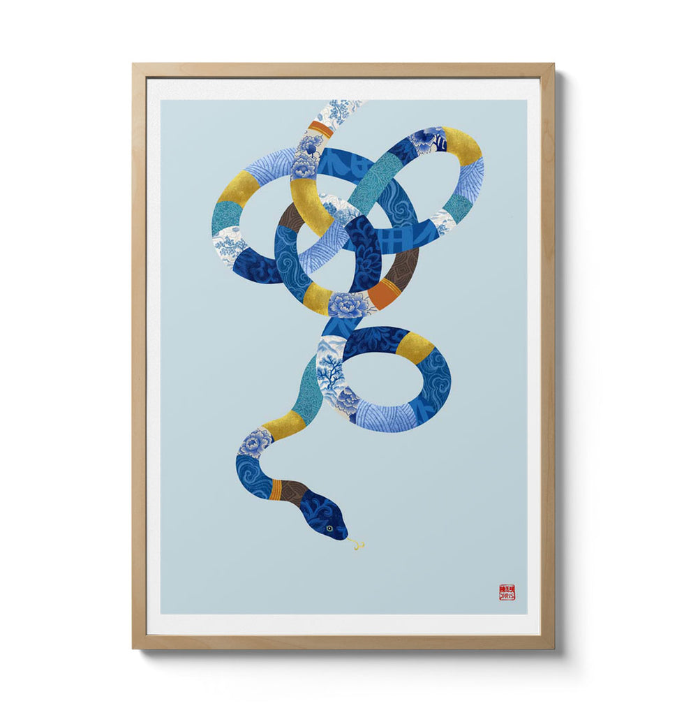 Chinese Zodiac Snake Art Print by Chris Chun, showcasing a blue and gold patterned snake, symbolizing wisdom and prosperity, ideal for adding feng shui balance and intuition to any space.