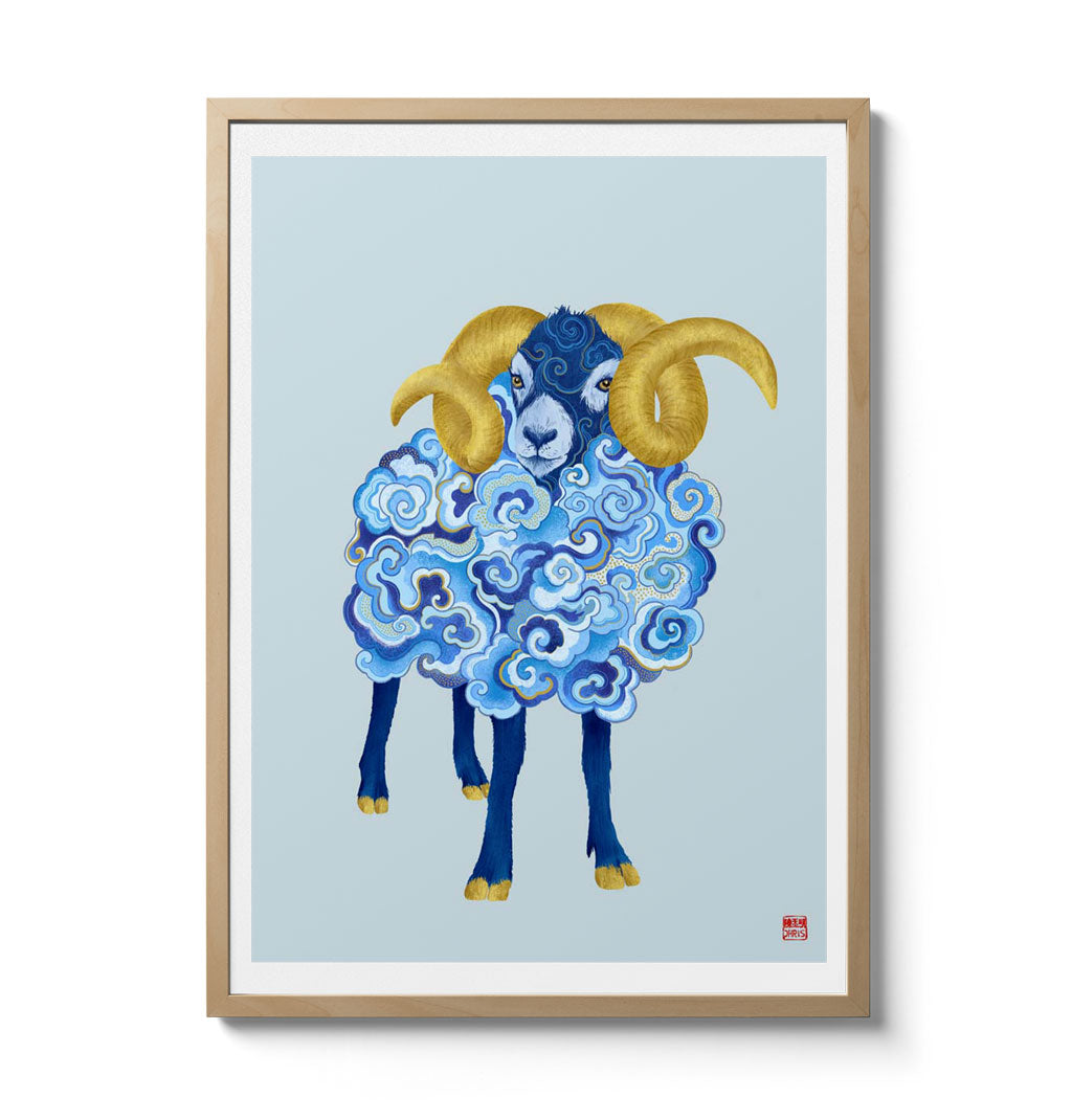 Chinese Zodiac Sheep Art Print by Chris Chun, featuring a sheep in blue and gold patterns, symbolizing harmony, creativity, and peace.