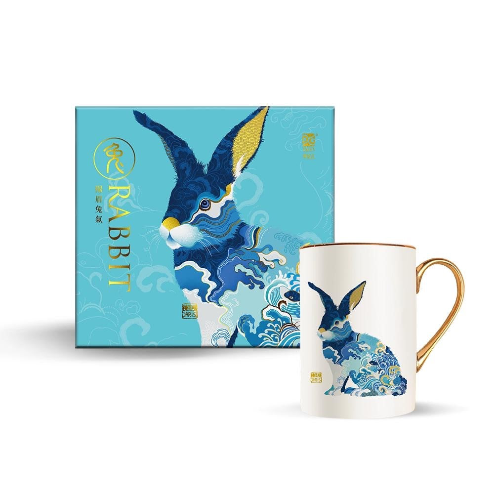 Luxurious Chinese Zodiac 'Rabbit' Mug hand embellished with 24K Gold and beautifully packaged in Gift Box. Museum Quality Fine Bone China.