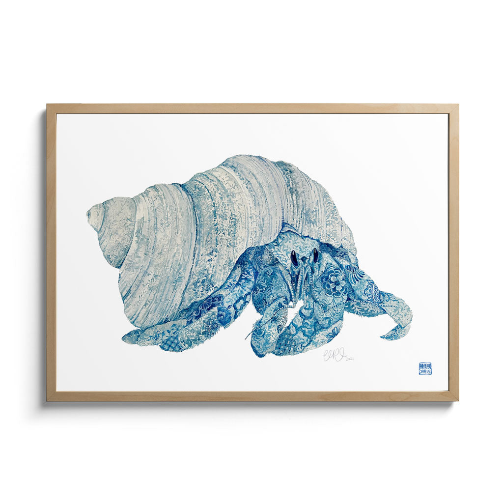 'The Hermit' Hermit Crab Framed Fine Art Print by Artist Chris Chun. Oak Frame