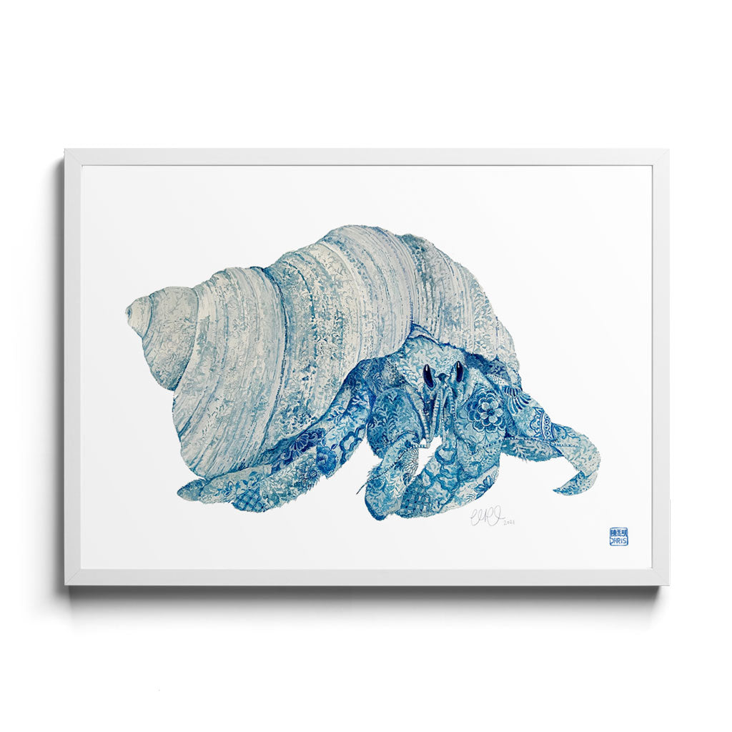 'The Hermit' Hermit Crab Framed Fine Art Print by Artist Chris Chun. White Frame