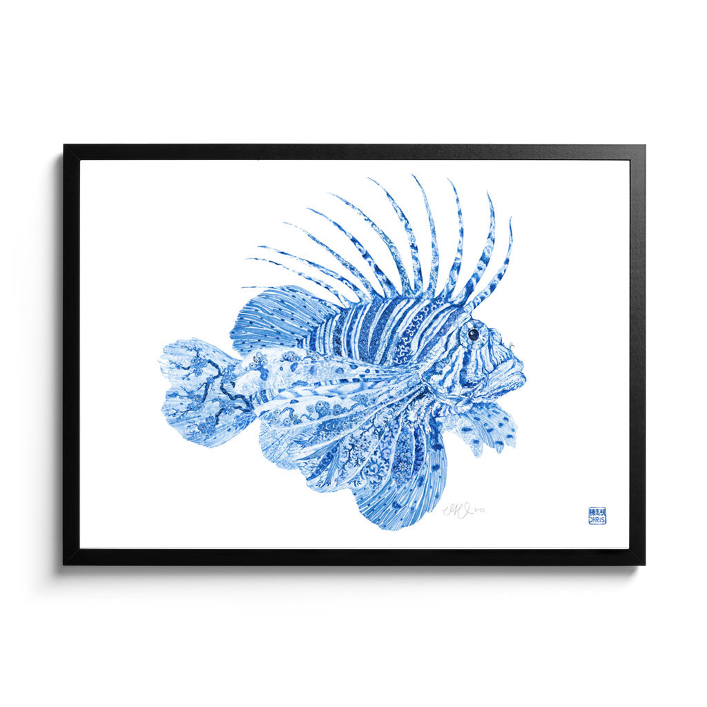 'Little F*cker' Fine Art Print by Artist Chris Chun. Chinoiserie inspired Lionfish. Black Frame