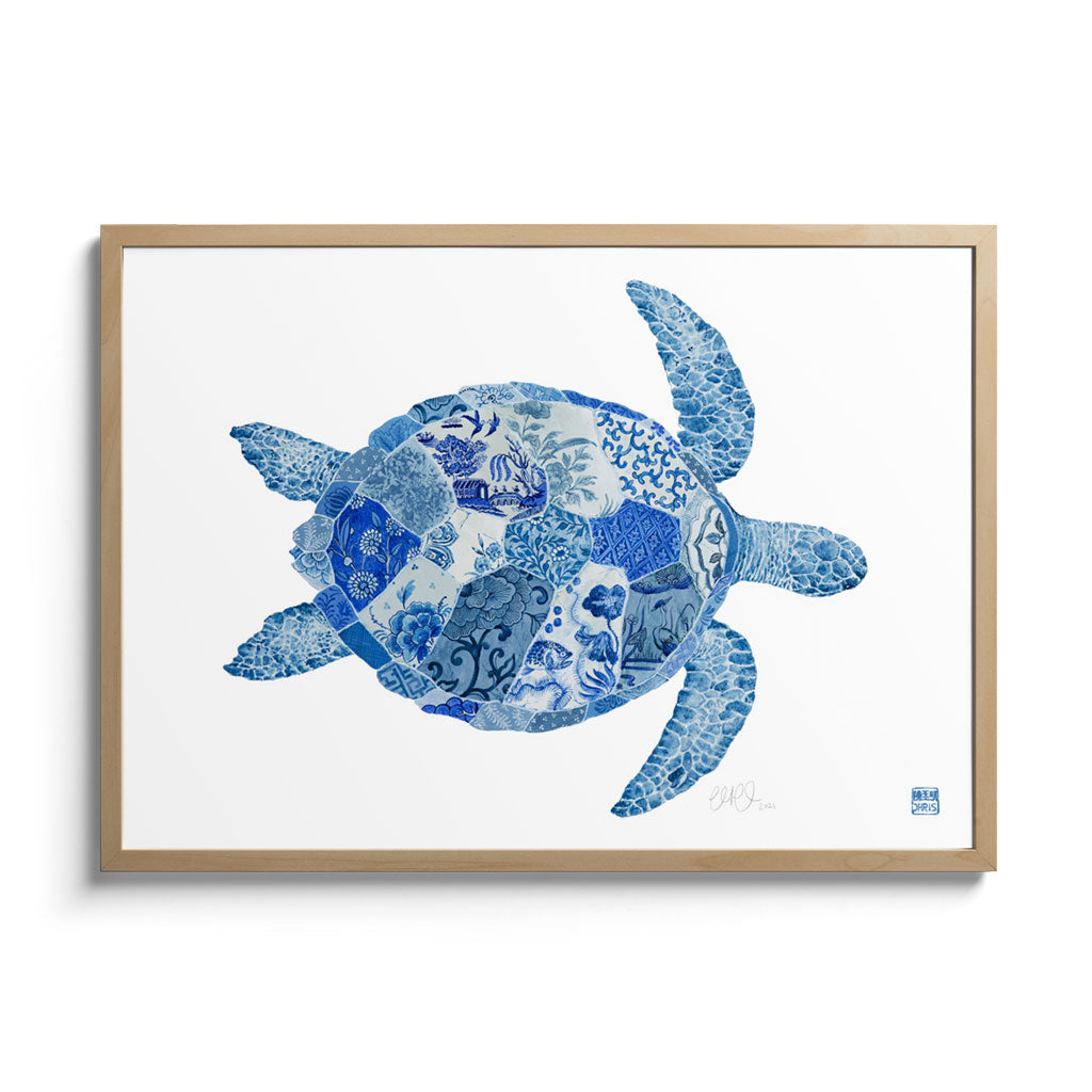 'The Intrepid Explorer' Turtle Framed Fine Art Print by Artist Chris Chun. Oak Frame