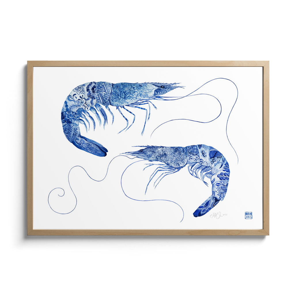 'Tang and Willow' Prawn Framed Fine Art Print by Artist Chris Chun. Oak Frame