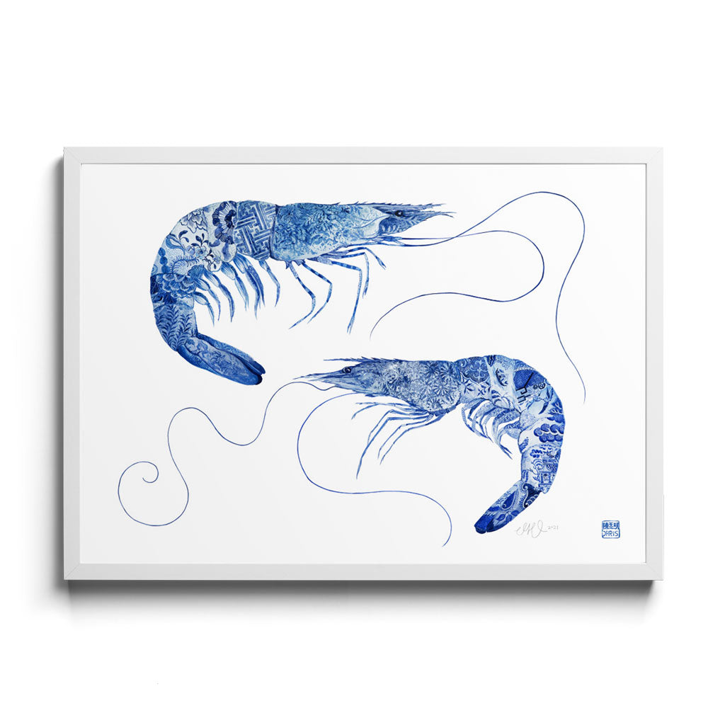 'Tang and Willow' Prawn Framed Fine Art Print by Artist Chris Chun. White Frame