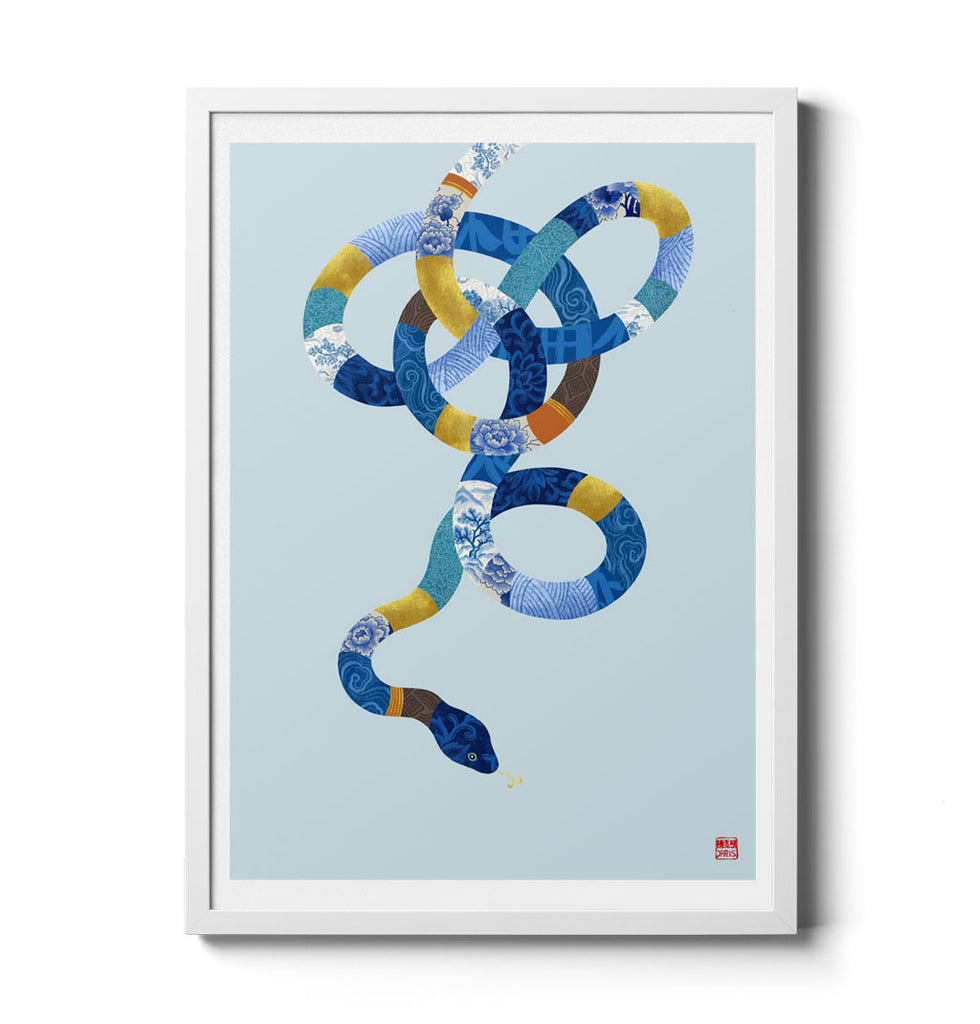 Chinese Zodiac Snake Art Print by Chris Chun, depicting a gracefully coiled snake adorned with blue and gold patterns, representing intelligence and grace.