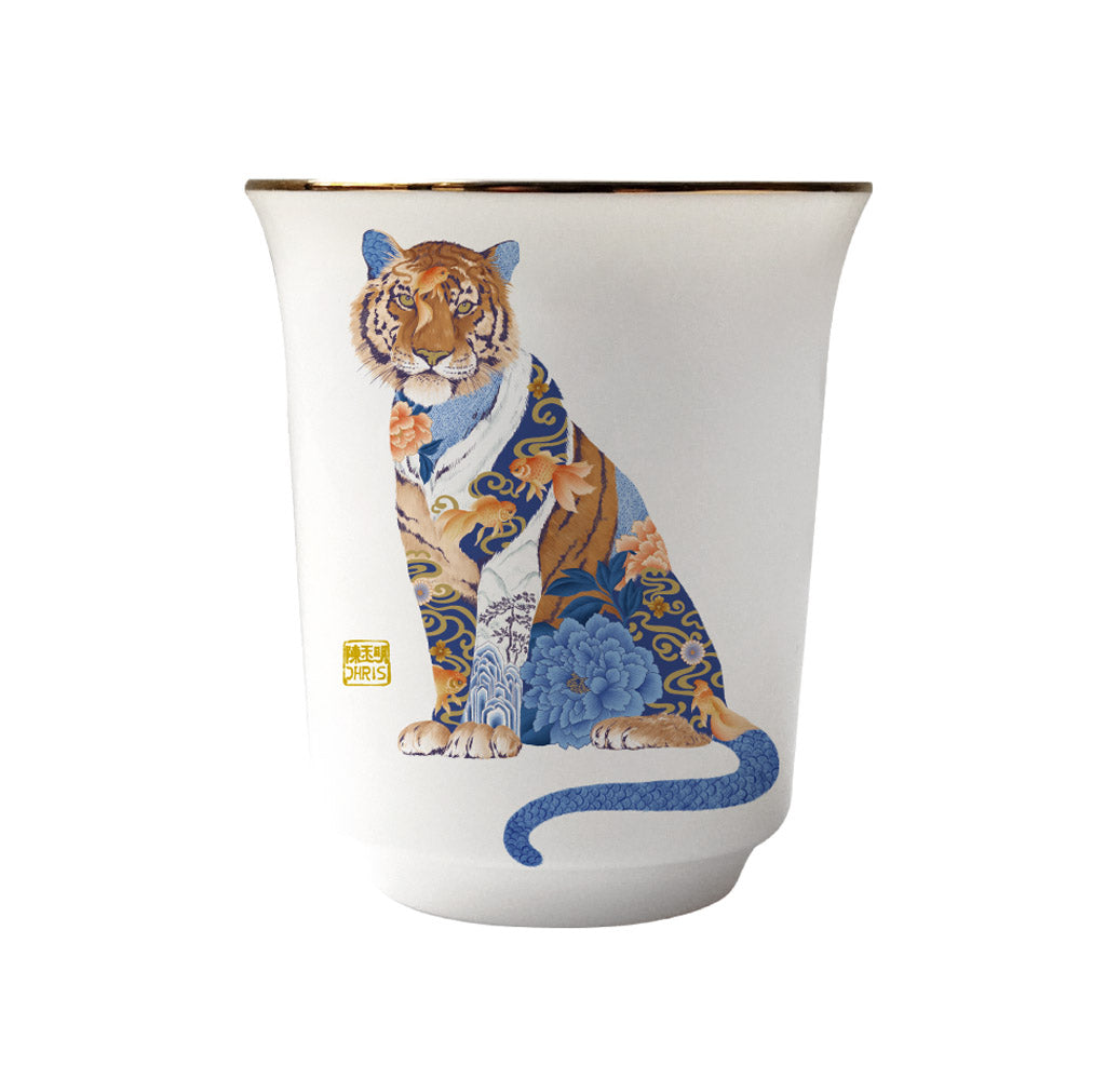 Tiger Chinese Zodiac Tea Cup with embossed details, 24K gold highlights, and artisan craftsmanship, beautifully gift-boxed for special occasions like Lunar New Year