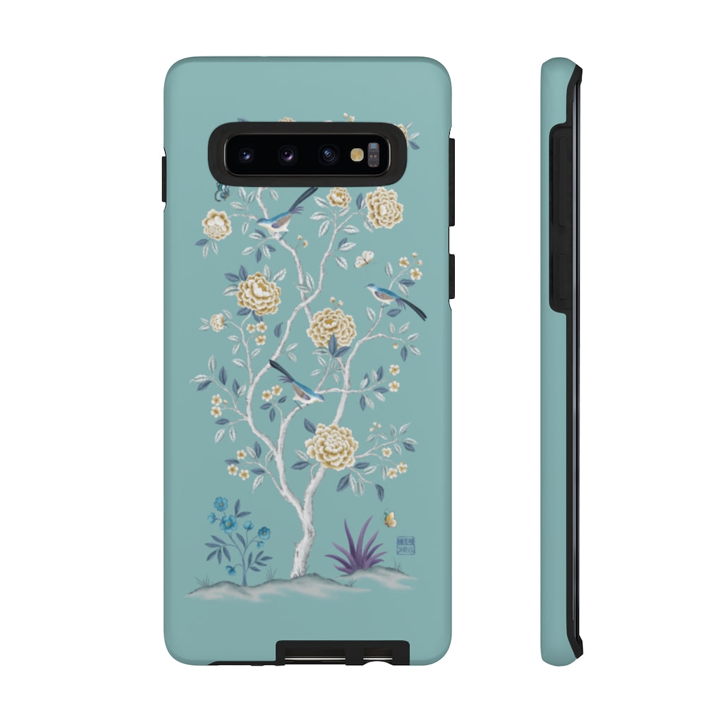 Chinoiserie Floral iPhone Case and Chinoiserie Floral Samsung Phone Cover featuring watercolour Chinoiserie peony roses. Chinese art phone with decorative birds and butterflies. Impact resistant tough chinoiserie mobile phone case. Supports wireless charging. Designer mobile phone case made in the USA.