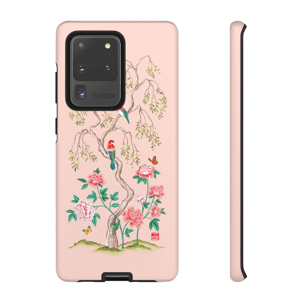 Chinoiserie Floral iPhone Case and Chinoiserie Floral Samsung Phone Cover featuring watercolour Chinoiserie peony roses. Chinese art phone with decorative birds and butterflies. Impact resistant tough chinoiserie mobile phone case. Supports wireless charging. Designer mobile phone case made in the USA.