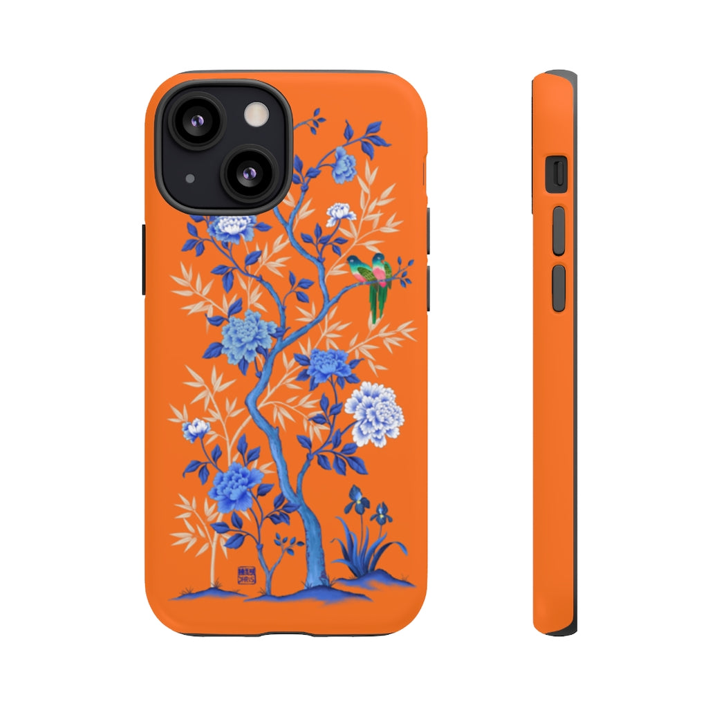 Chinoiserie Floral iPhone Case and Chinoiserie Floral Samsung Phone Cover featuring watercolour Chinoiserie peony roses. Chinese art phone with decorative birds and butterflies. Impact resistant tough chinoiserie mobile phone case. Supports wireless charging. Designer mobile phone case made in the USA.