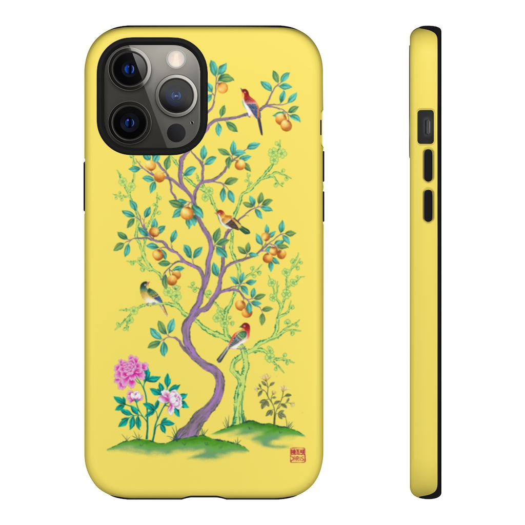 Chinoiserie Floral iPhone Case and Chinoiserie Floral Samsung Phone Cover featuring watercolour Chinoiserie peony roses. Chinese art phone with decorative birds and butterflies. Impact resistant tough chinoiserie mobile phone case. Supports wireless charging. Designer mobile phone case made in the USA.