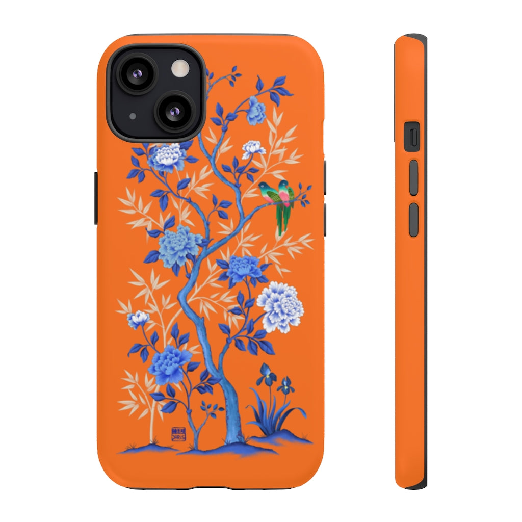 Chinoiserie Floral iPhone Case and Chinoiserie Floral Samsung Phone Cover featuring watercolour Chinoiserie peony roses. Chinese art phone with decorative birds and butterflies. Impact resistant tough chinoiserie mobile phone case. Supports wireless charging. Designer mobile phone case made in the USA.