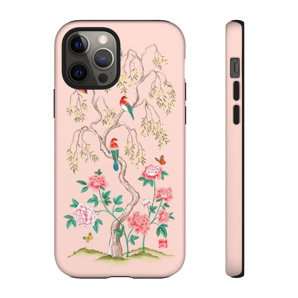 Chinoiserie Floral iPhone Case and Chinoiserie Floral Samsung Phone Cover featuring watercolour Chinoiserie peony roses. Chinese art phone with decorative birds and butterflies. Impact resistant tough chinoiserie mobile phone case. Supports wireless charging. Designer mobile phone case made in the USA.