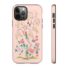 Chinoiserie Floral iPhone Case and Chinoiserie Floral Samsung Phone Cover featuring watercolour Chinoiserie peony roses. Chinese art phone with decorative birds and butterflies. Impact resistant tough chinoiserie mobile phone case. Supports wireless charging. Designer mobile phone case made in the USA.