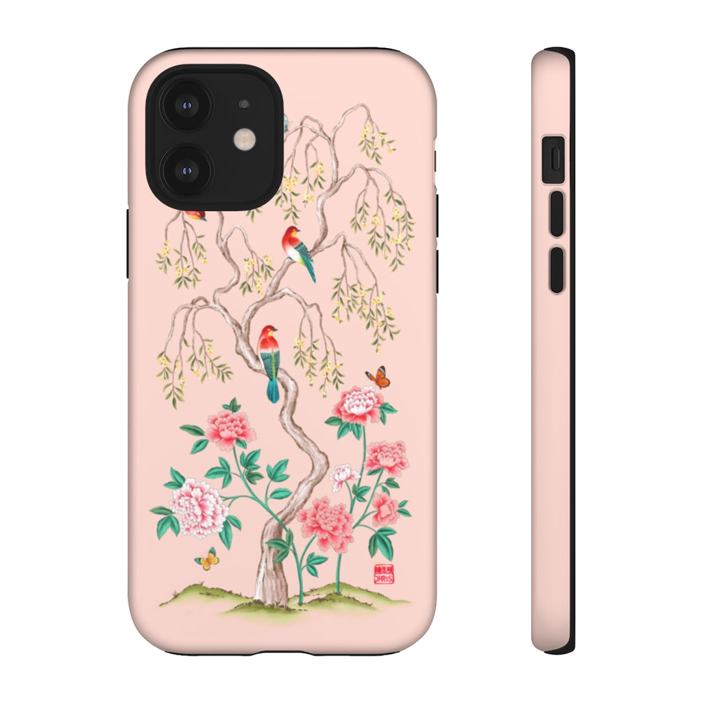 Chinoiserie Floral iPhone Case and Chinoiserie Floral Samsung Phone Cover featuring watercolour Chinoiserie peony roses. Chinese art phone with decorative birds and butterflies. Impact resistant tough chinoiserie mobile phone case. Supports wireless charging. Designer mobile phone case made in the USA.