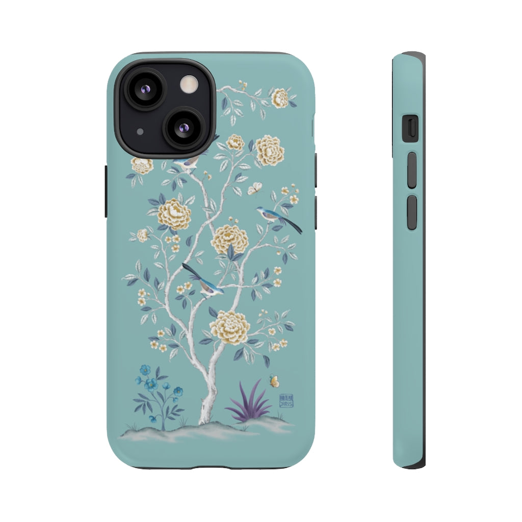 Chinoiserie Floral iPhone Case and Chinoiserie Floral Samsung Phone Cover featuring watercolour Chinoiserie peony roses. Chinese art phone with decorative birds and butterflies. Impact resistant tough chinoiserie mobile phone case. Supports wireless charging. Designer mobile phone case made in the USA.