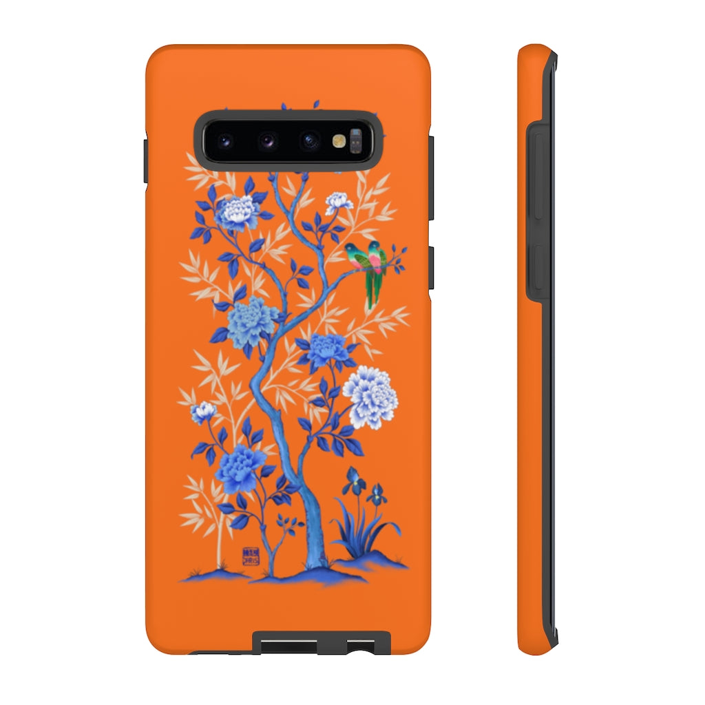 Chinoiserie Floral iPhone Case and Chinoiserie Floral Samsung Phone Cover featuring watercolour Chinoiserie peony roses. Chinese art phone with decorative birds and butterflies. Impact resistant tough chinoiserie mobile phone case. Supports wireless charging. Designer mobile phone case made in the USA.