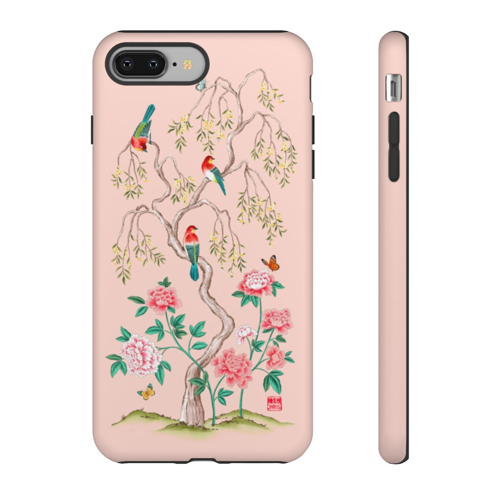 Chinoiserie Floral iPhone Case and Chinoiserie Floral Samsung Phone Cover featuring watercolour Chinoiserie peony roses. Chinese art phone with decorative birds and butterflies. Impact resistant tough chinoiserie mobile phone case. Supports wireless charging. Designer mobile phone case made in the USA.