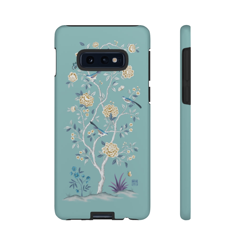 Chinoiserie Floral iPhone Case and Chinoiserie Floral Samsung Phone Cover featuring watercolour Chinoiserie peony roses. Chinese art phone with decorative birds and butterflies. Impact resistant tough chinoiserie mobile phone case. Supports wireless charging. Designer mobile phone case made in the USA.