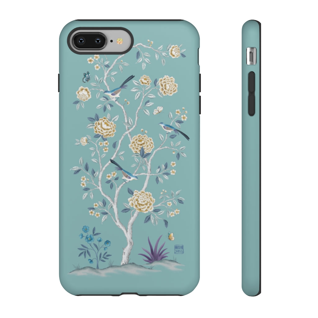 Chinoiserie Floral iPhone Case and Chinoiserie Floral Samsung Phone Cover featuring watercolour Chinoiserie peony roses. Chinese art phone with decorative birds and butterflies. Impact resistant tough chinoiserie mobile phone case. Supports wireless charging. Designer mobile phone case made in the USA.