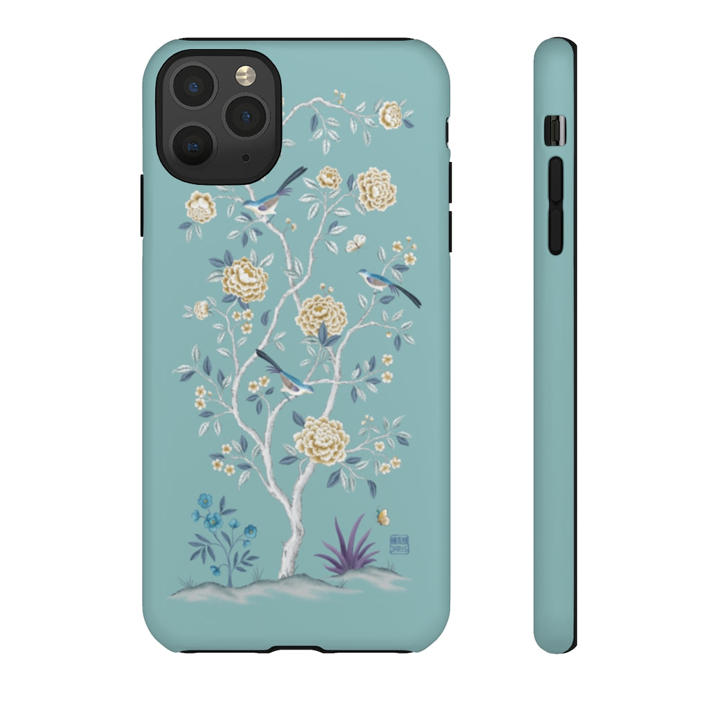 Chinoiserie Floral iPhone Case and Chinoiserie Floral Samsung Phone Cover featuring watercolour Chinoiserie peony roses. Chinese art phone with decorative birds and butterflies. Impact resistant tough chinoiserie mobile phone case. Supports wireless charging. Designer mobile phone case made in the USA.