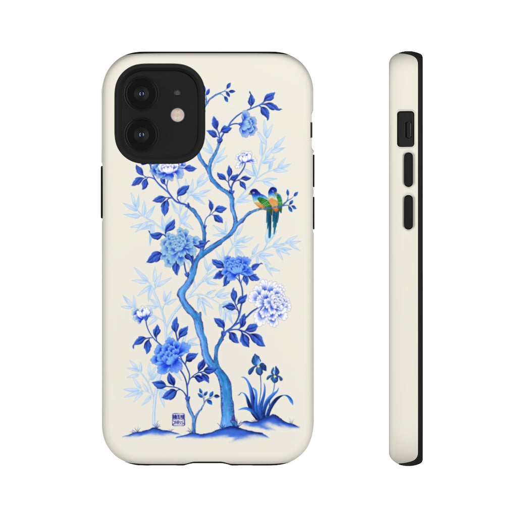 Chinoiserie Floral iPhone Case and Chinoiserie Floral Samsung Phone Cover featuring watercolour Chinoiserie peony roses. Chinese art phone with decorative birds and butterflies. Impact resistant tough chinoiserie mobile phone case. Supports wireless charging. Designer mobile phone case made in the USA.