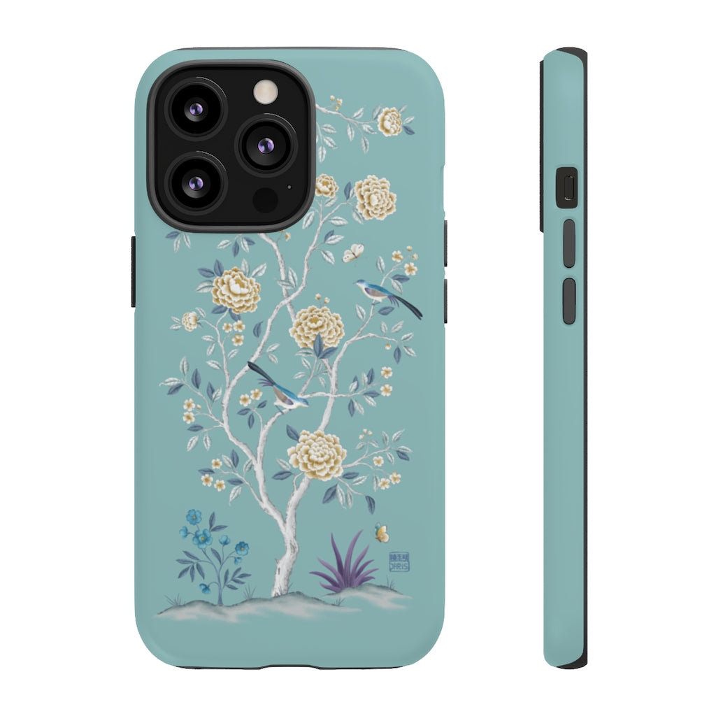 Chinoiserie Floral iPhone Case and Chinoiserie Floral Samsung Phone Cover featuring watercolour Chinoiserie peony roses. Chinese art phone with decorative birds and butterflies. Impact resistant tough chinoiserie mobile phone case. Supports wireless charging. Designer mobile phone case made in the USA.