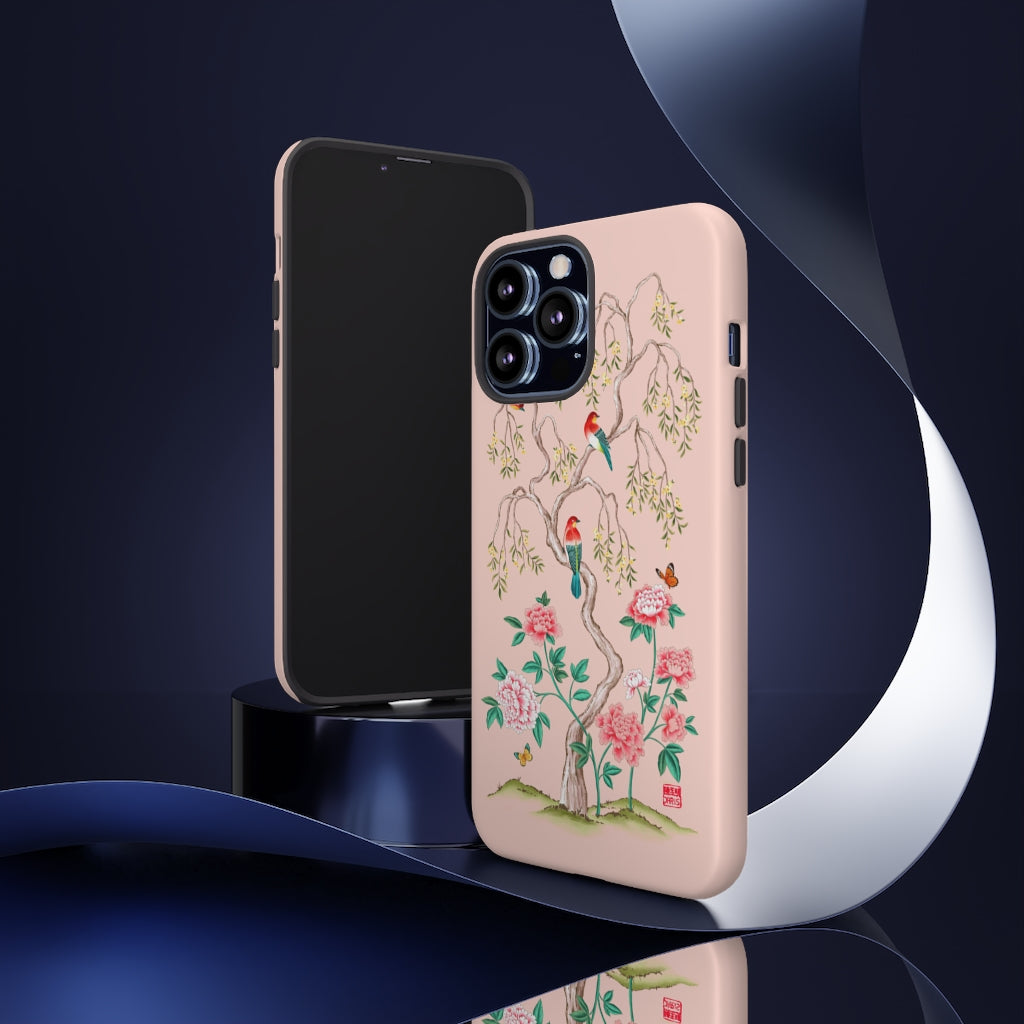 Chinoiserie Floral iPhone Case and Chinoiserie Floral Samsung Phone Cover featuring watercolour Chinoiserie peony roses. Chinese art phone with decorative birds and butterflies. Impact resistant tough chinoiserie mobile phone case. Supports wireless charging. Designer mobile phone case made in the USA.