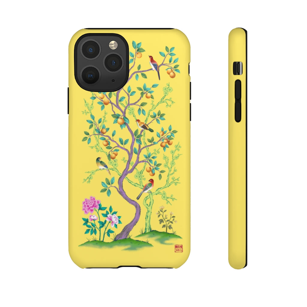 Chinoiserie Floral iPhone Case and Chinoiserie Floral Samsung Phone Cover featuring watercolour Chinoiserie peony roses. Chinese art phone with decorative birds and butterflies. Impact resistant tough chinoiserie mobile phone case. Supports wireless charging. Designer mobile phone case made in the USA.