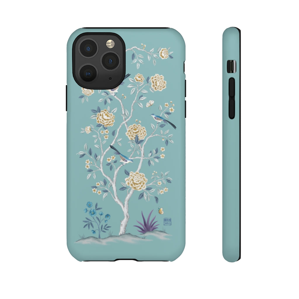 Chinoiserie Floral iPhone Case and Chinoiserie Floral Samsung Phone Cover featuring watercolour Chinoiserie peony roses. Chinese art phone with decorative birds and butterflies. Impact resistant tough chinoiserie mobile phone case. Supports wireless charging. Designer mobile phone case made in the USA.