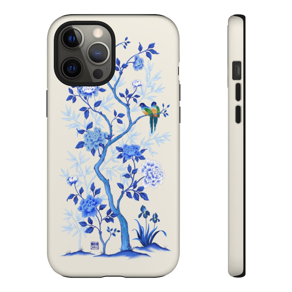 Chinoiserie Floral iPhone Case and Chinoiserie Floral Samsung Phone Cover featuring watercolour Chinoiserie peony roses. Chinese art phone with decorative birds and butterflies. Impact resistant tough chinoiserie mobile phone case. Supports wireless charging. Designer mobile phone case made in the USA.