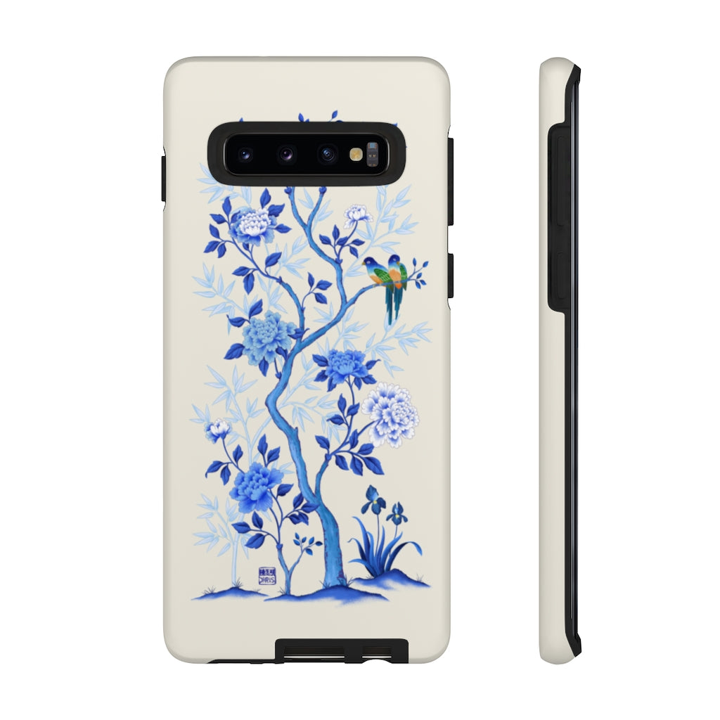 Chinoiserie Floral iPhone Case and Chinoiserie Floral Samsung Phone Cover featuring watercolour Chinoiserie peony roses. Chinese art phone with decorative birds and butterflies. Impact resistant tough chinoiserie mobile phone case. Supports wireless charging. Designer mobile phone case made in the USA.