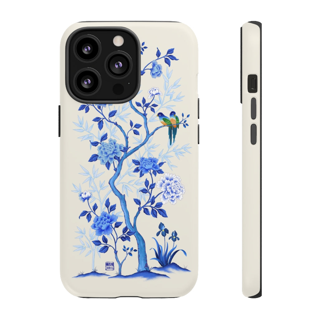 Chinoiserie Floral iPhone Case and Chinoiserie Floral Samsung Phone Cover featuring watercolour Chinoiserie peony roses. Chinese art phone with decorative birds and butterflies. Impact resistant tough chinoiserie mobile phone case. Supports wireless charging. Designer mobile phone case made in the USA.