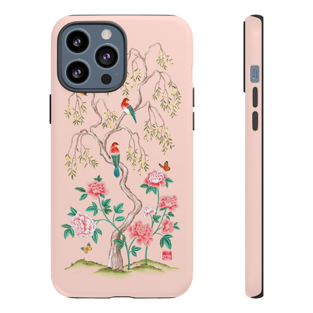 Chinoiserie Floral iPhone Case and Chinoiserie Floral Samsung Phone Cover featuring watercolour Chinoiserie peony roses. Chinese art phone with decorative birds and butterflies. Impact resistant tough chinoiserie mobile phone case. Supports wireless charging. Designer mobile phone case made in the USA.