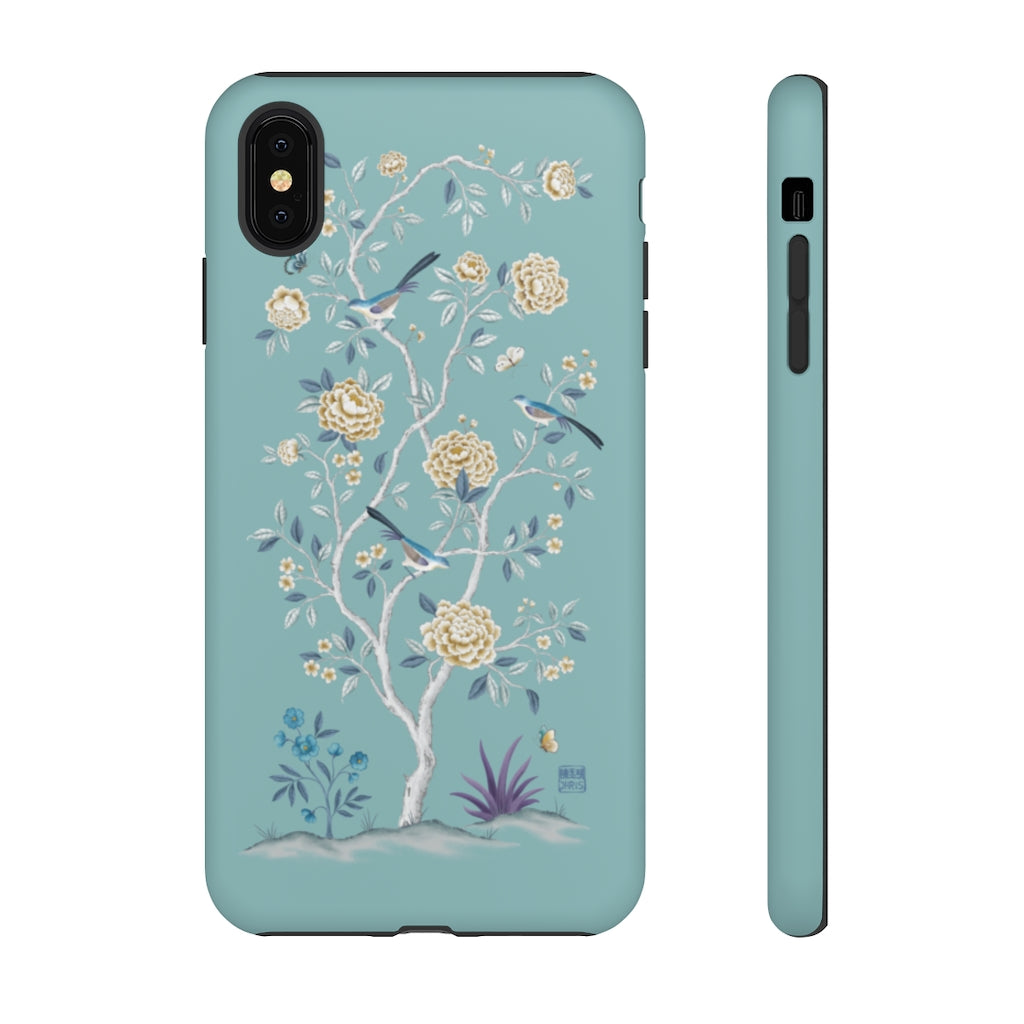 Chinoiserie Floral iPhone Case and Chinoiserie Floral Samsung Phone Cover featuring watercolour Chinoiserie peony roses. Chinese art phone with decorative birds and butterflies. Impact resistant tough chinoiserie mobile phone case. Supports wireless charging. Designer mobile phone case made in the USA.