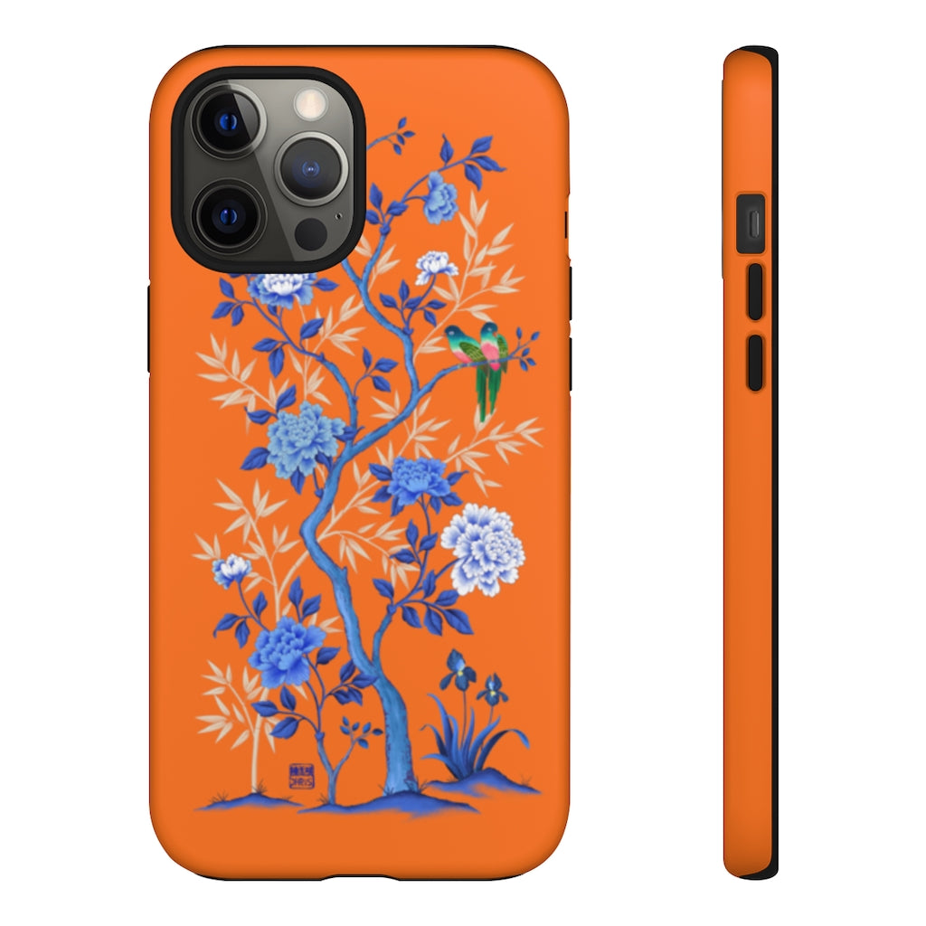 Chinoiserie Floral iPhone Case and Chinoiserie Floral Samsung Phone Cover featuring watercolour Chinoiserie peony roses. Chinese art phone with decorative birds and butterflies. Impact resistant tough chinoiserie mobile phone case. Supports wireless charging. Designer mobile phone case made in the USA.