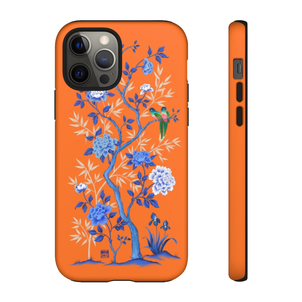 Chinoiserie Floral iPhone Case and Chinoiserie Floral Samsung Phone Cover featuring watercolour Chinoiserie peony roses. Chinese art phone with decorative birds and butterflies. Impact resistant tough chinoiserie mobile phone case. Supports wireless charging. Designer mobile phone case made in the USA.