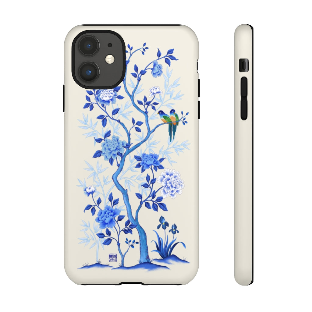 Chinoiserie Floral iPhone Case and Chinoiserie Floral Samsung Phone Cover featuring watercolour Chinoiserie peony roses. Chinese art phone with decorative birds and butterflies. Impact resistant tough chinoiserie mobile phone case. Supports wireless charging. Designer mobile phone case made in the USA.